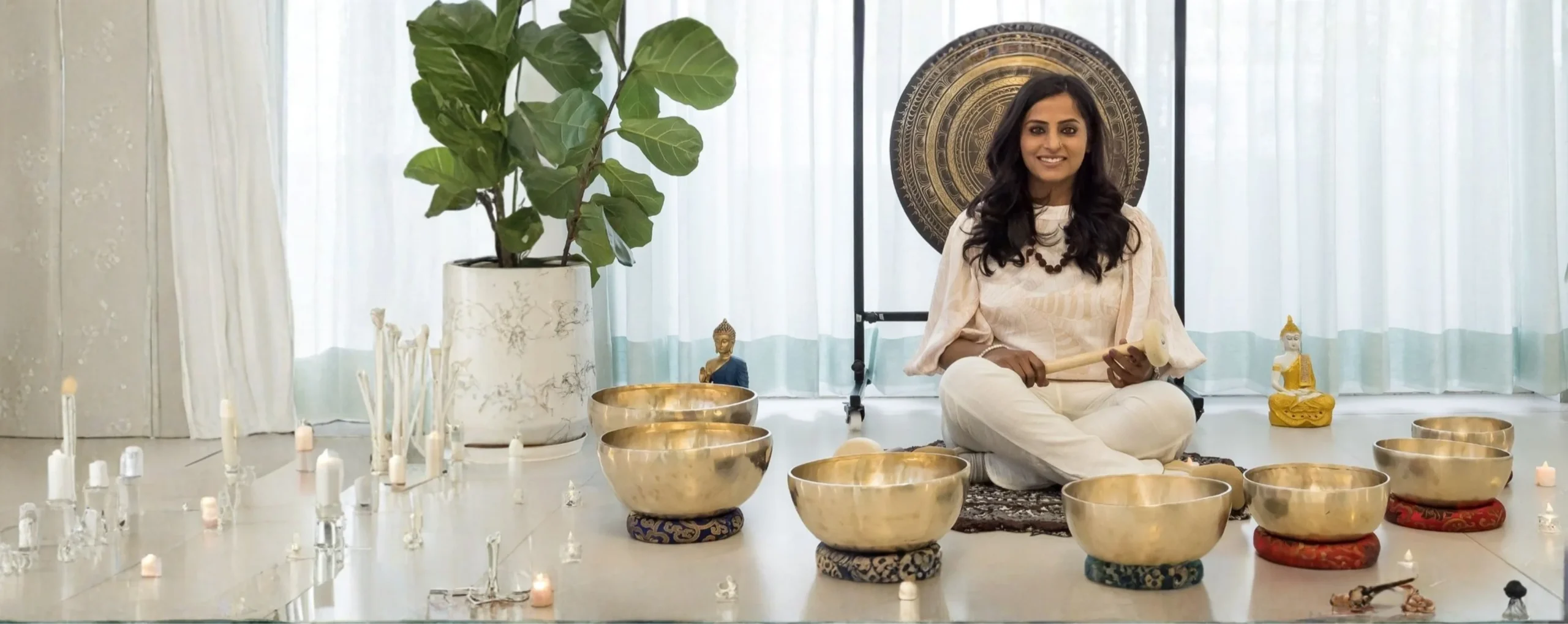Sound healing session with singing bowls in a peaceful setting